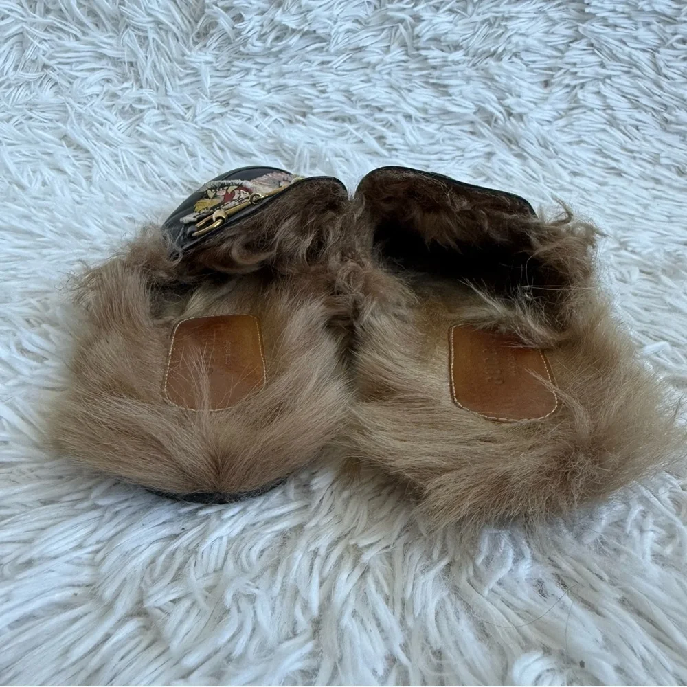 Gucci Princetown Black Leather Mules with Fur and Roaring Tiger Size 38 - Picture 10 of 12